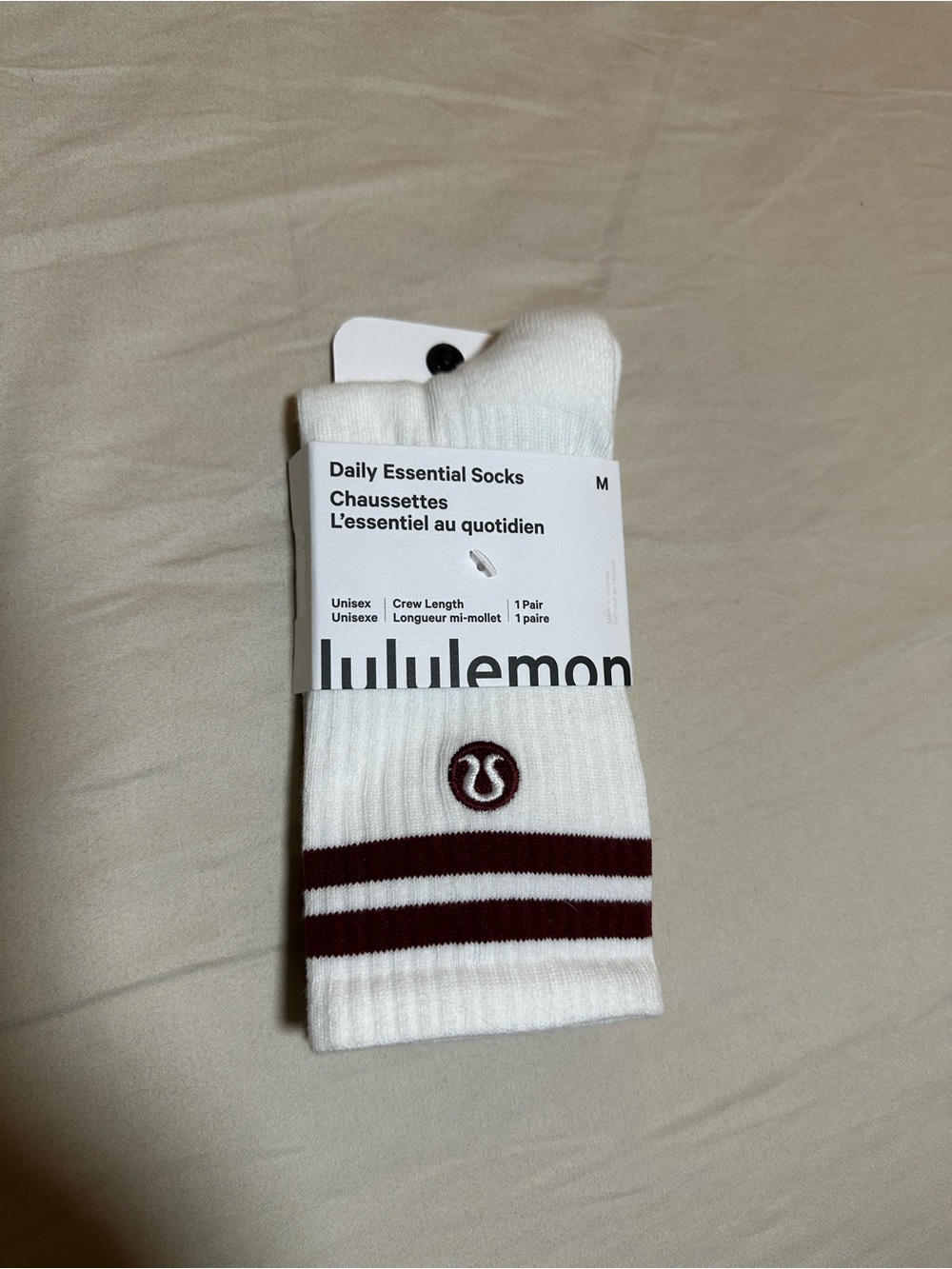 lululemon athletica White Crew Socks with Burgundy Stripes